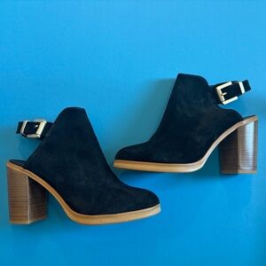 ROYAL REPUBLIQ Suede Black Gold Buckle Boot Open Block Heel Designer 39 8.5/ 9